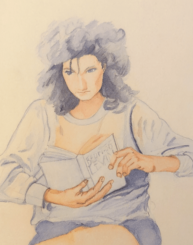 Girl reading Bernard Levin. Watercolour tint added to pencil sketch 