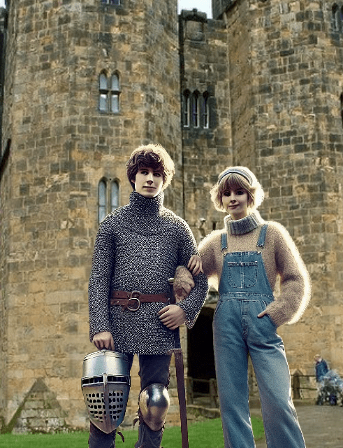 A young boy in medieval armor stands next to a girl in casual attire, both posing in front of an ancient stone castle. The boy is wearing a chainmail shirt and holding a shield, while the girl looks cheerful in a cozy sweater and overalls.