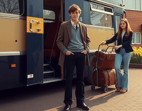 A highly detailed, nostalgic outdoor scene set in England, Easter afternoon, 1978. A young man, aged sixteen, stands awkwardly on tarmac beside the open back of a 1974 Bedford or Plaxton coach, painted dark blue with a cream or pale stripe. He wears a slightly rumpled brown tweed boarding school blazer, grey V-neck sweater, black flared trousers, scuffed desert boots, and a loosely knotted school tie. His mousy brown hair is tousled by the spring breeze. A battered school trunk and a tuck box sit beside him. Near him, a young woman, aged sixteen, with long mousy brown hair, faded flared jeans, a slightly baggy hand-knitted jumper, and worn trainers, is manoeuvring a battered metal sack trolley loaded with school luggage. She looks half amused, half exasperated, doing the heavy lifting. Early daffodils bloom near the pavement. Bare trees show new spring buds. Sunlight glows warm across the scene, creating soft golden hour shadows. Mood: bittersweet, slightly comedic, transitional, nostalgic. Visual style: candid late-1970s photograph, Kodachrome color tones, slight vintage grain. Sharp focus on the two figures, with the bus and trees behind them gently blurred. Important: They are clearly outside the coach on the pavement or parking area — not inside. The bus boot is open. Robbie looks slightly overwhelmed; Kizzy looks quietly capable. A rugby ball, a scarf, or a rolled-up poster could peek from the luggage for extra 1970s detail.