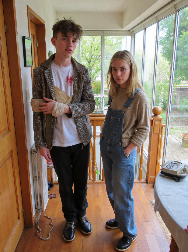 A young man and woman, his twin sister, stand in the hallway at home. 