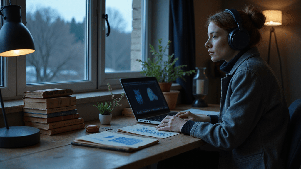 A woman wearing headphones sits at a wooden desk, focused on a laptop screen displaying scientific images related to her research. Stacked books and a small plant are nearby, with soft lighting from a lamp creating a cozy atmosphere. Outside the window, a serene landscape is visible.