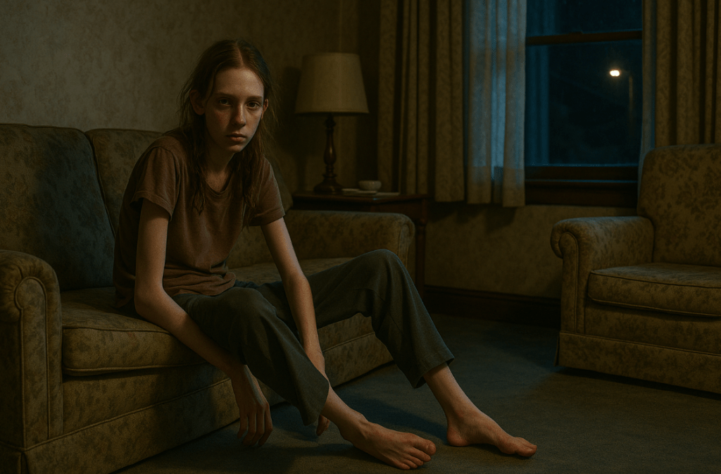 Freya (around 14): slender, pale skin with a faint iridescence. Long limbs and a basketball player's tall stature. Wide-set, watchful eyes. Subtle hyperextension in her knees and ankles. She is double-jointed. At home or when unwell, she lets her knees and ankles bend to odd angles. She is sick. Influenza and lack of sleep mean she feels awful and is sullen and sweaty.The sitting room is old fashioned, with carpets and curtains. Street light from an open window lights the room. It is nighttime.