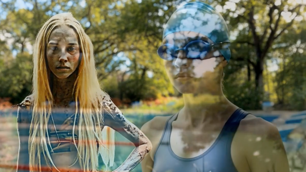 A mirage of images combined to show the transformation of Freya, a woodland creature, into a competitive swimmer. 