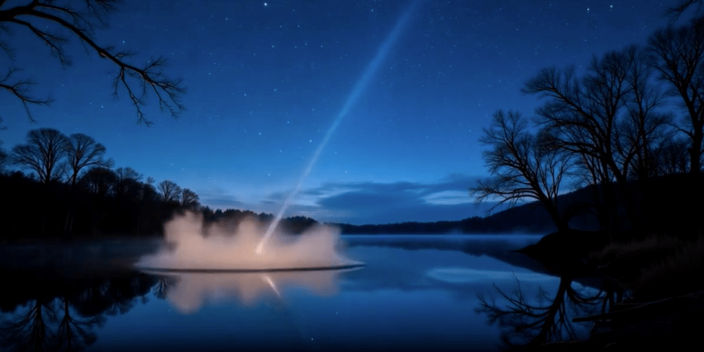 A meteorite descends into a still pond at night, creating a splash that ripples across the water, surrounded by silhouetted trees and a starry sky.