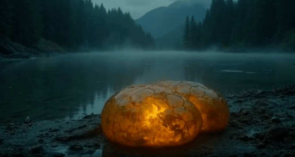 A glowing, amber-colored object resembling a large jelly-like mass sits on the shore of a misty lake, surrounded by dark trees and mountains in the background.