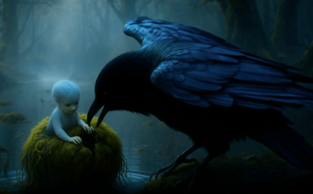 A baby with pale skin plays on a moss-covered pod near a still, misty lake as a large raven leans towards it.