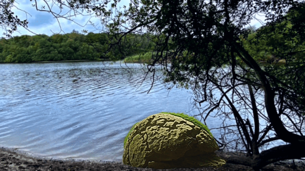 A large, mossy, and gnarled stone pod rests on the edge of a serene lake, surrounded by trees. The surface is uneven and cracked, with a slight greenish tint, reflecting its rough texture.