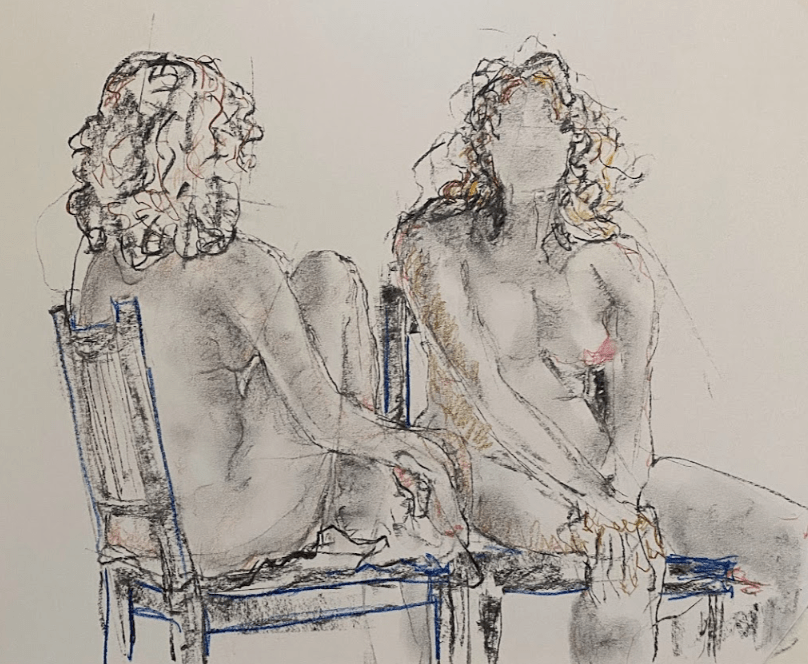 A life drawing sketch depicting two nude figures seated on chairs. The figures have curly hair and are shown in a relaxed pose, emphasizing their natural forms.