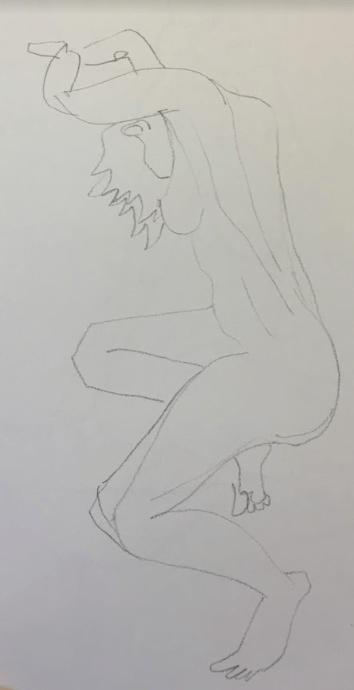 A pencil sketch of a nude figure in a crouched position, with arms raised and legs bent, exhibiting a flowing hairstyle.