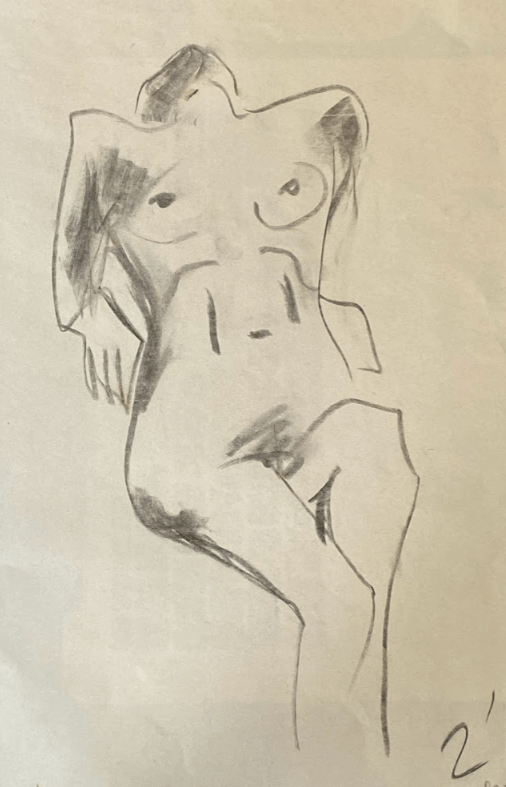 A charcoal drawing of a reclining nude figure, showcasing the contours and lines of the human body.