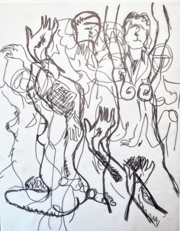 A chaotic line drawing depicting multiple abstract figures, some partially nude, intertwined with expressive, tangled lines and shapes, capturing the essence of a life drawing session.