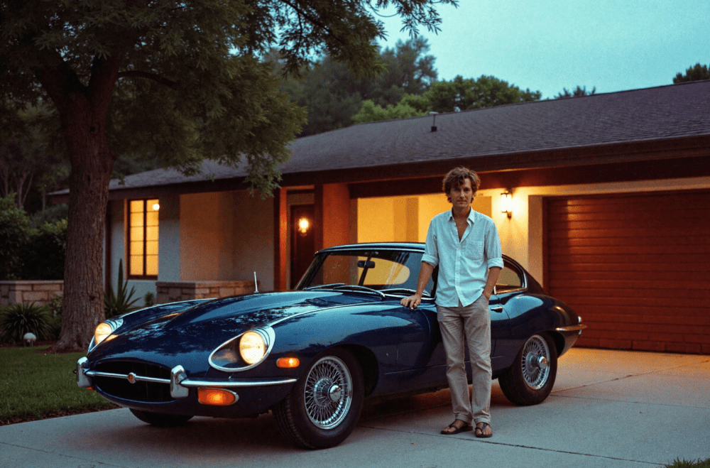 A young man, smart casual, about 23, stands in front of a modest Frank Lloyd Wright-style house in an affluent Los Angeles suburb. It’s night but sunny urban lights glow. JV is animated and pleased, next to a navy-blue E-type Jag by a garage entrance.