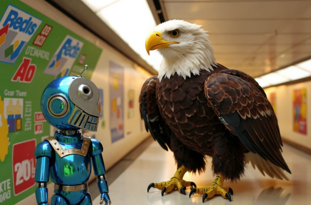 A photorealistic image of a pantomime-like scene featuring a modern version of the cute puppet boy robot being attacked by an enormous, bald eagle, reminiscent of something from a kids' TV show, all set against a brightly lit underground station resplendent with posters. 