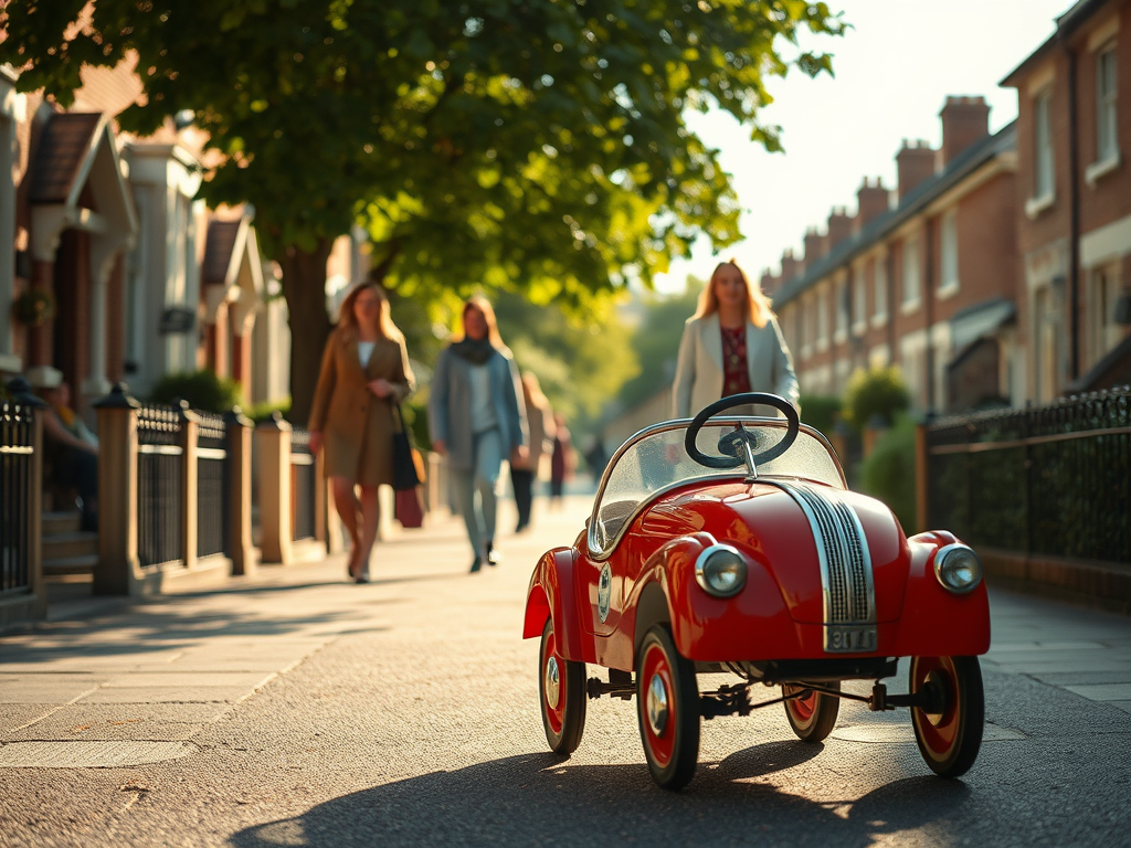 A suburban working class  street with a plastic pedal car 