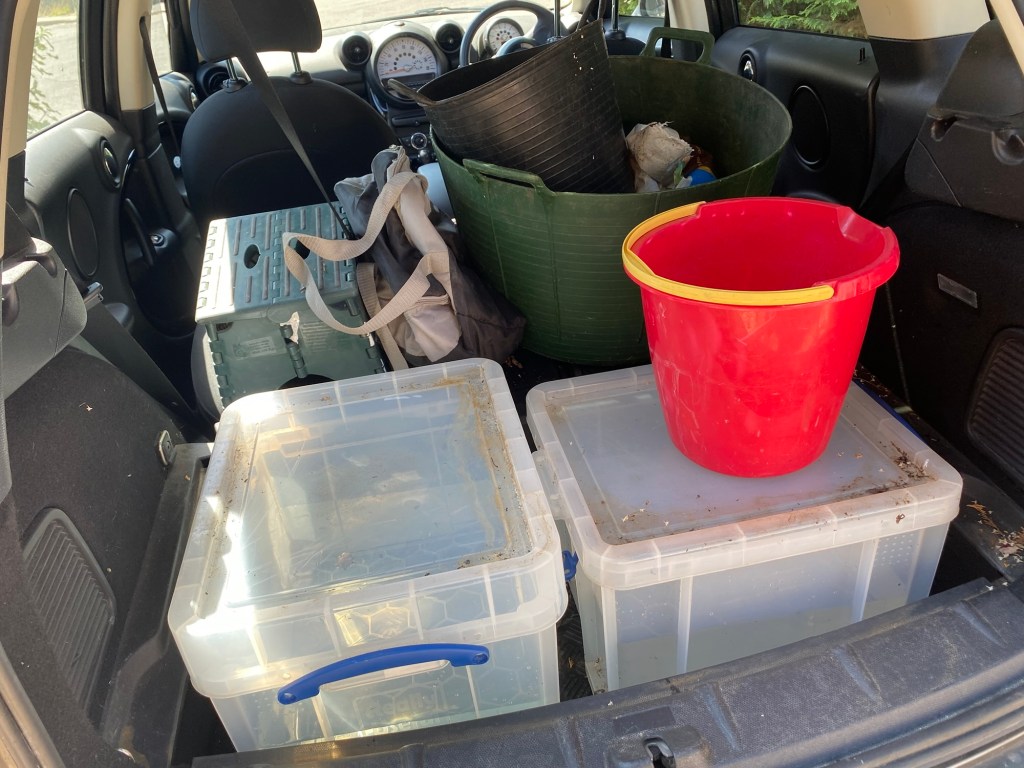 Interior of a car trunk filled with gardening supplies, including various plastic containers, a green bucket, and a red bucket.