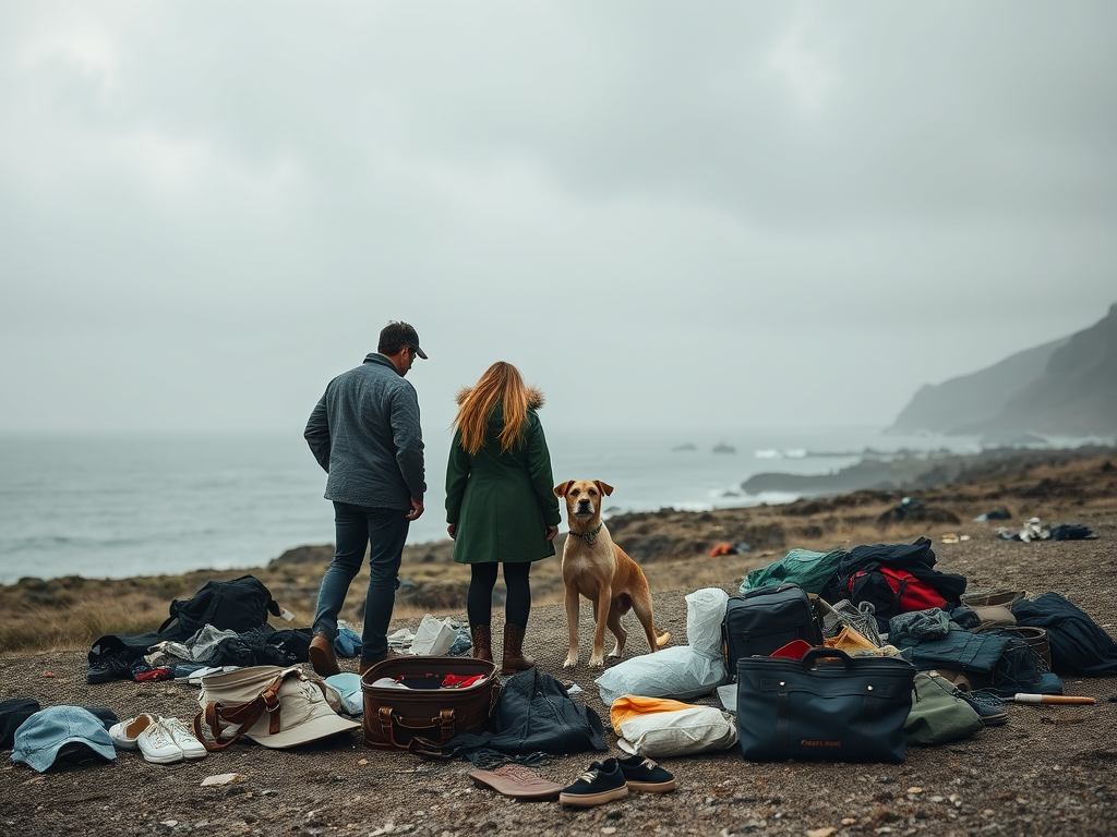 A couple walk along a beech covered in detritus and rubbish with a dog