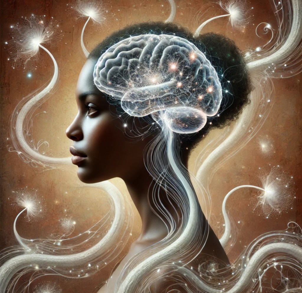An AI-generated image of the mind of a black woman in a swirl of electrifying, connected activity.