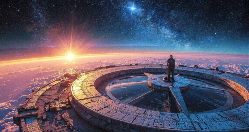 A photorealistic 4:3 format image of JV in his thirties, standing on top of a vast, beautifully crafted compass with the dial spinning. On the horizon, there is night and day, dark and light, summer and winter —a confusing mixture of destinations in this science fantasy world where the stars resemble neurons connected inside a human mind, as portrayed in a colourised MRI scan. 