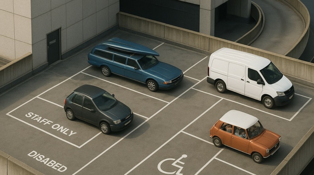An aerial view of a rooftop car park with several parked cars, including a blue wagon, a grey sedan, a white van, and a small orange vehicle. Markings for 'Disabled' and 'Staff Only' parking spaces are visible, with no available spots for general parking.