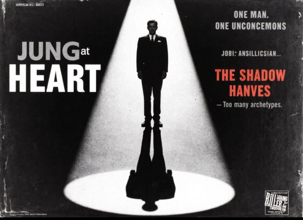 A black and white image featuring a man in a suit standing in a spotlight against a dark background. The text reads 'JUNG at HEART' and 'THE SHADOW HANVES' along with additional phrases related to archetypes.