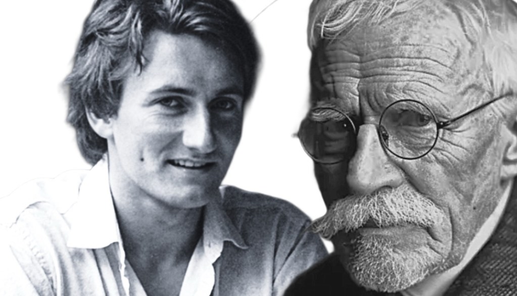 A collage featuring a young man smiling beside an elderly man with glasses and a mustache, symbolizing a discussion between generations.