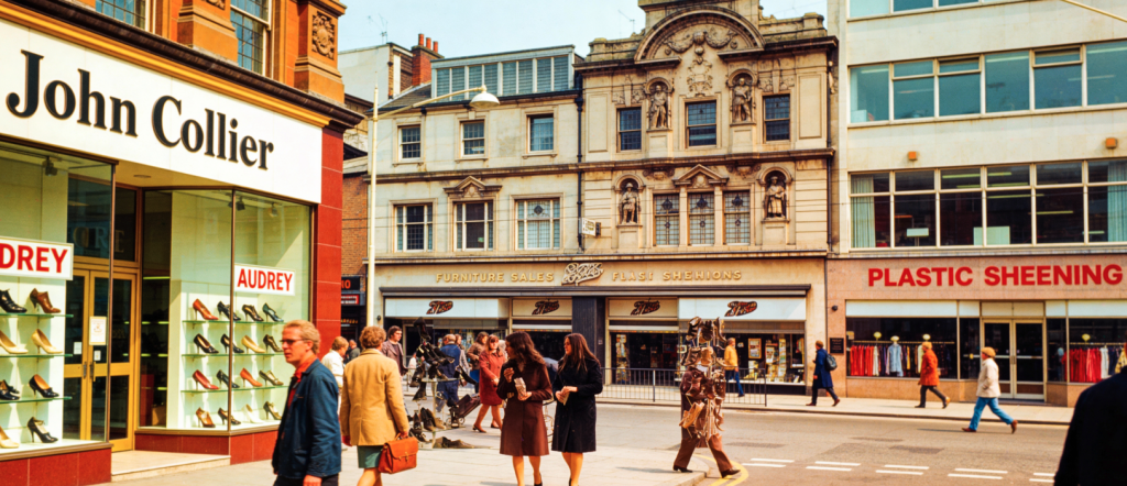 An AI-generated colourised photo of Northumberland Street, Newcastle, trying to show the shops of the 1970s.