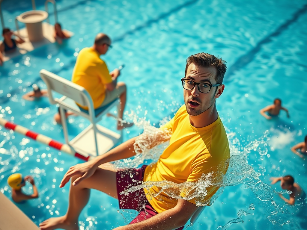 A surprised young man wearing glasses and a yellow swim shirt is sitting at the edge of a swimming pool, with water splashing around him. In the background, a lifeguard sits on a chair, and several swimmers enjoy the pool.