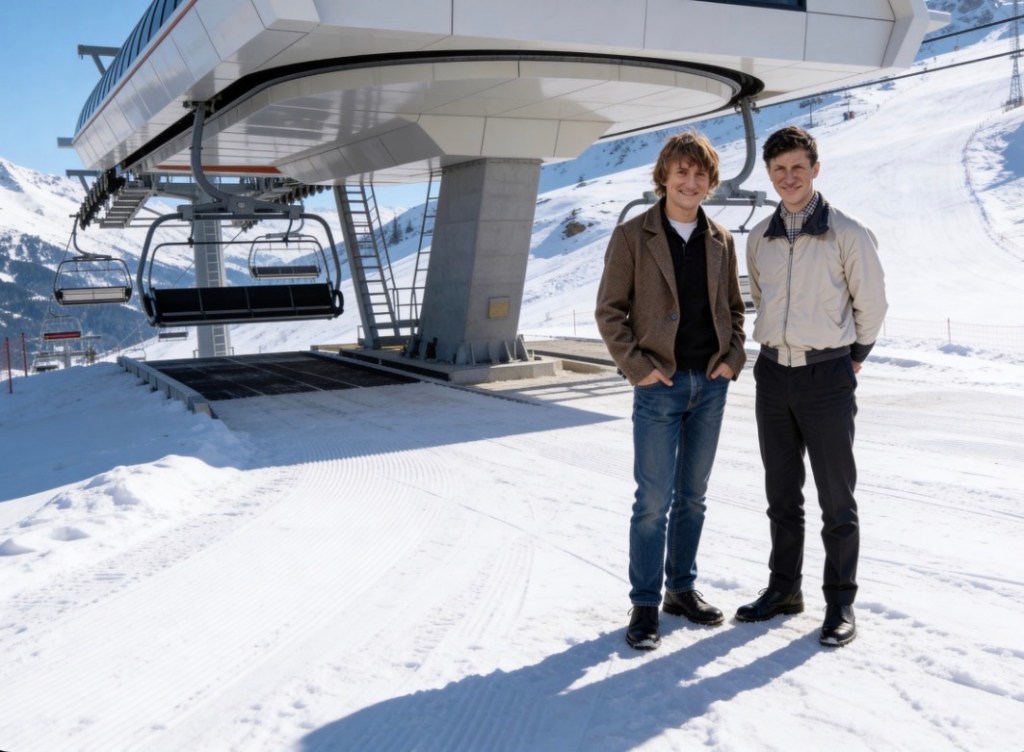An AI generated picture merging photographs of father and son at the same age, one from La Plagne in 1978, the other in Klosters in 1949