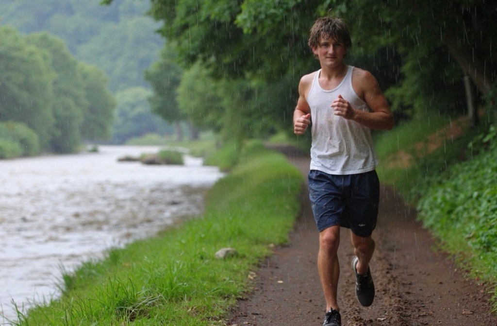 A teenage boy runs in the rain by a river bank