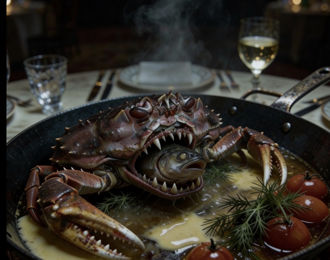 Dream of a cooked fish with crab mouth parts that eats itself.