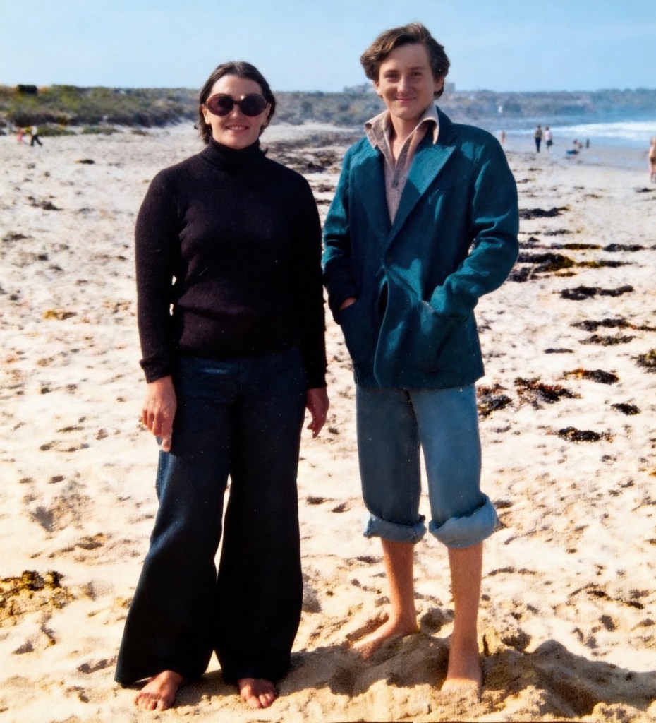 An AI-enhanced snap of the author age 14 or 15 with his Mum on a Northumberland Beach. 